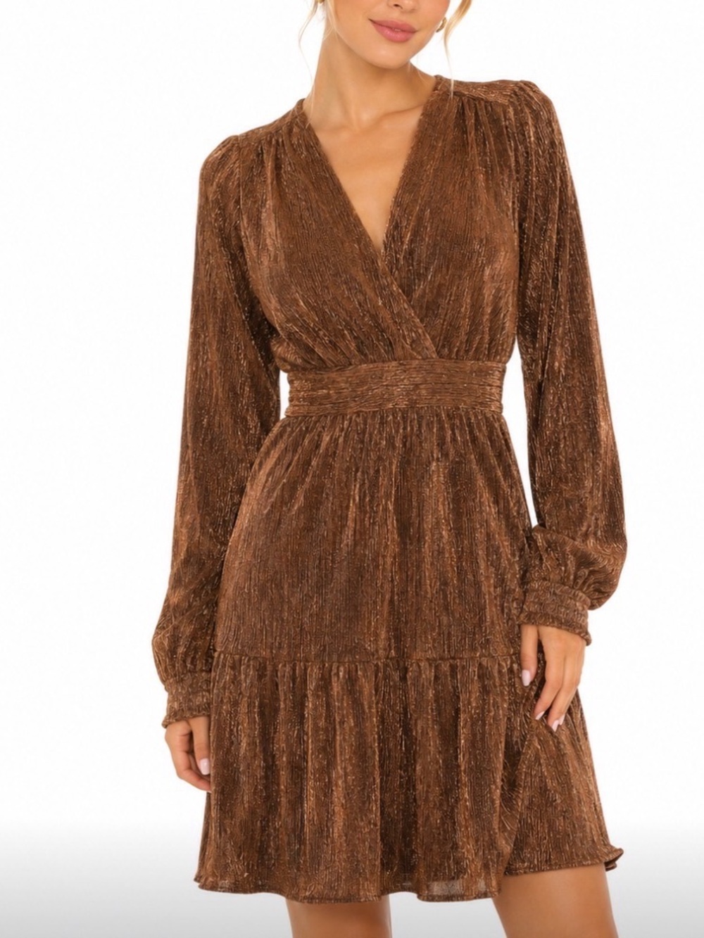 Boston Proper Gold/Bronze Plisse V-Neck Long Sleeve Tiered Glamour Dress Size 10
